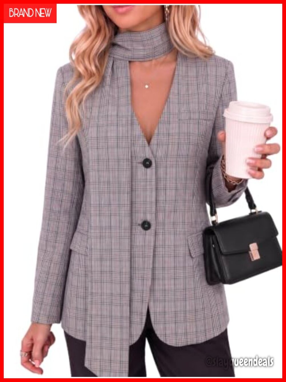 Plaid V Neck Button Down Blazer Suit Jacket Casual Business